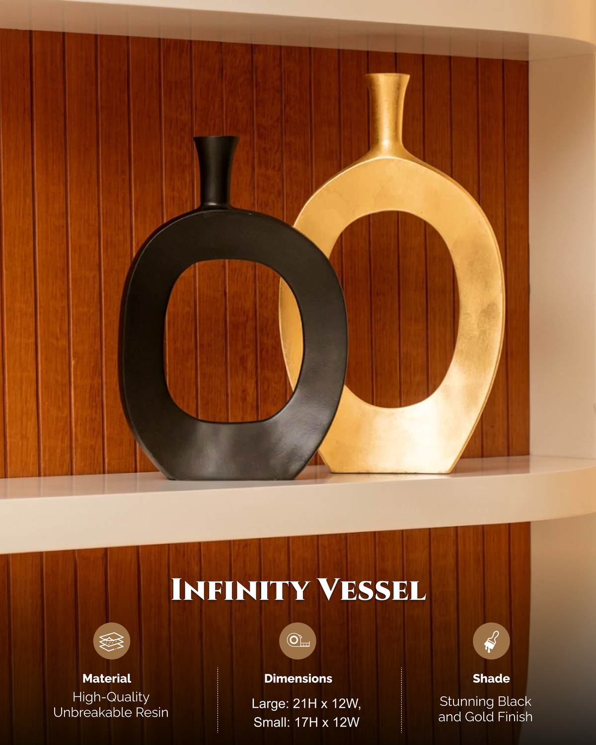 Infinity Vessel Resin Vase | Luxurious Black & Gold Decor
